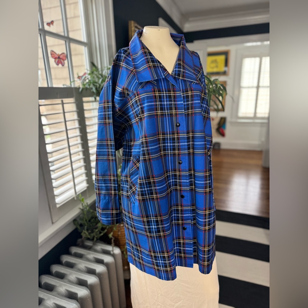 Vintage Aqua Sheen Plaid Button Up Rain Jacket
